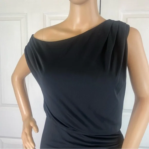 Halston Heritage Black Off-the-Shoulder Ruched Stretchy Lined Cocktail Dress - Picture 4 of 17